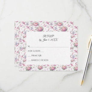 RSVP Trouwduiven met Roze Pioenrozen en Lint Kaartje