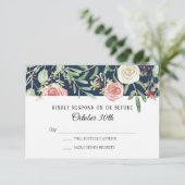 RSVP Trouwfeest Navy Blush Ivoor Roos Loof Blad Kaart (Staand voorkant)