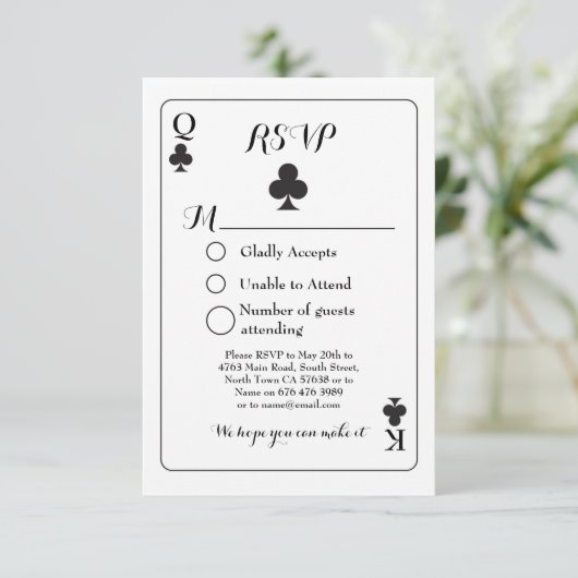 RSVP Trouwkaart Speelkaart Klaver Vrouw Heer Aas Kaart (Staand voorkant)
