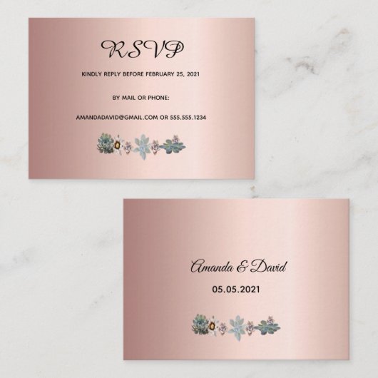 RSVP-trouwkaart succulente bloemen roos goud Informatiekaartje (Voorkant / Achterkant)