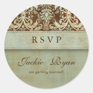 RSVP Trouwstickers Damask Bruin Groen  Ronde Sticker