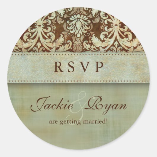 RSVP Trouwstickers Damask Bruin Groen Ronde Sticker (Voorkant)