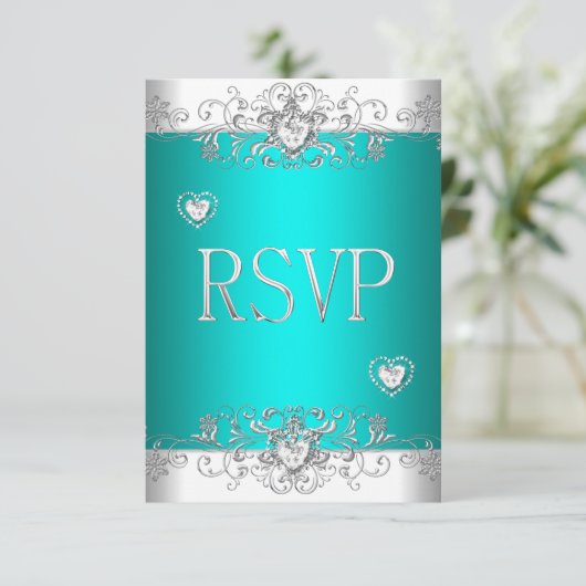 RSVP Turquoise Zilver Witte Diamanten Harten (Staand voorkant)