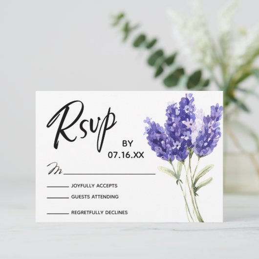 RSVP Typografie, Lavendel Waterverf Flowers Kaartje (Staand voorkant)