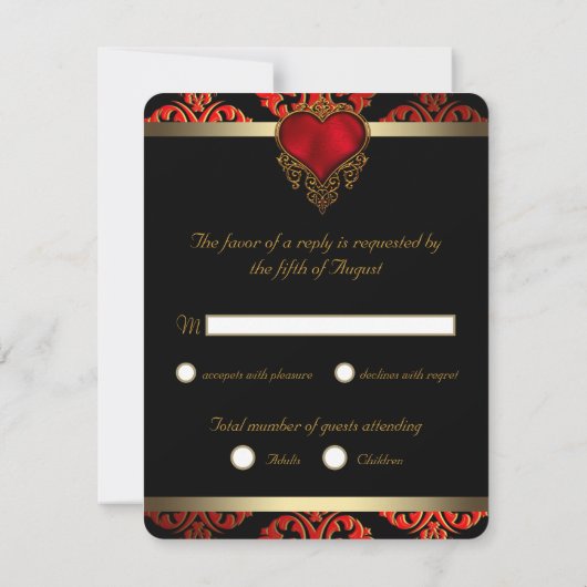 RSVP-uitnodiging voor Red Black and Gold Wedding R Notitiekaartje (Achterkant)