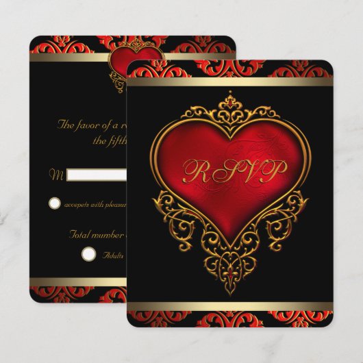 RSVP-uitnodiging voor Red Black and Gold Wedding R Notitiekaartje (Voorkant / Achterkant)