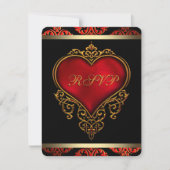 RSVP-uitnodiging voor Red Black and Gold Wedding R Notitiekaartje (Voorkant)