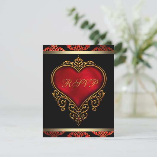 RSVP-uitnodiging voor Red Black and Gold Wedding R Notitiekaartje (Staand voorkant)