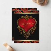 RSVP-uitnodiging voor Red Black and Gold Wedding R Notitiekaartje (Voorkant / Achterkant in situ)