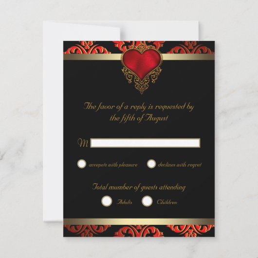 RSVP-uitnodiging voor Red Black and Gold Wedding R Notitiekaartje (Achterkant)