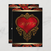RSVP-uitnodiging voor Red Black and Gold Wedding R Notitiekaartje (Voorkant / Achterkant)