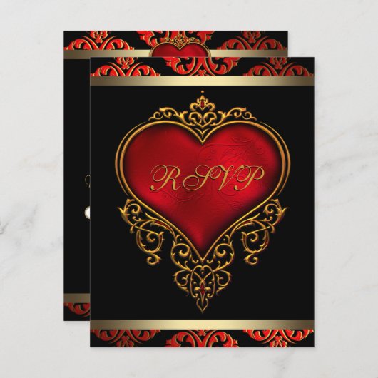 RSVP-uitnodiging voor Red Black and Gold Wedding R Notitiekaartje (Voorkant / Achterkant)