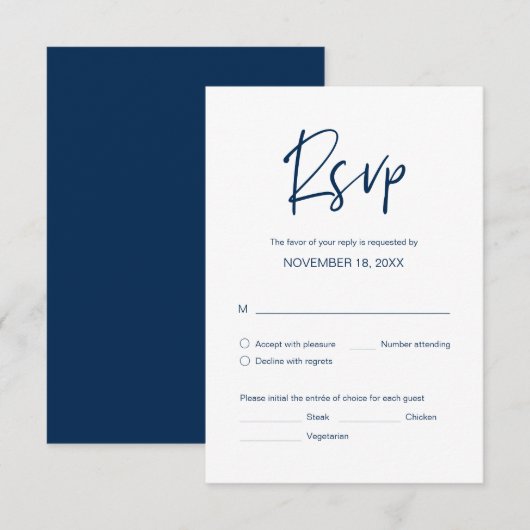 RSVP van het huwelijk, maaltijd opties, Navy Blue Informatiekaartje (Voorkant / Achterkant)