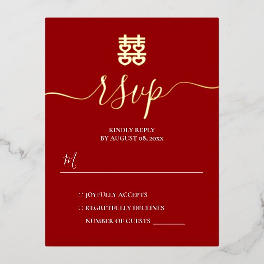 RSVP van het Rode en goud Chinese huwelijk Folie Uitnodiging Briefkaart (Voorkant)