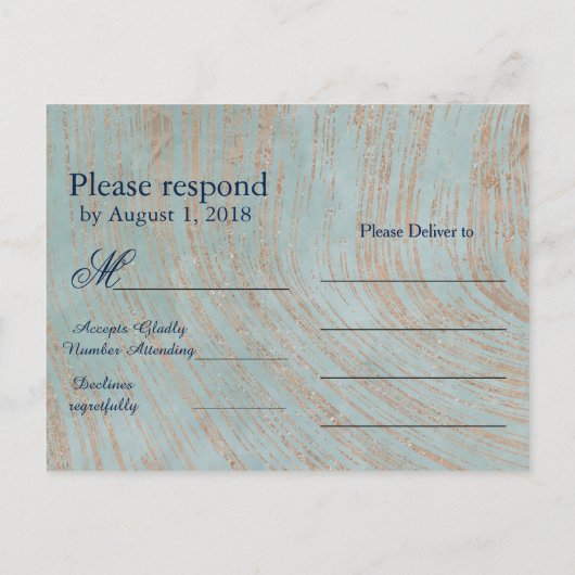 RSVP van koper en blauwe marmer Wedding Uitnodiging Briefkaart (Achterkant)