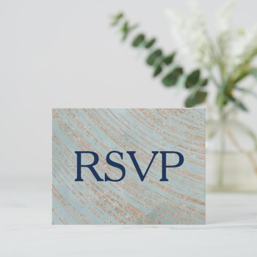 RSVP van koper en blauwe marmer Wedding Uitnodiging Briefkaart (Staand voorkant)