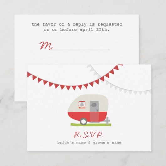 RSVP van Red Retro Trailer & Bunting Wedding RSVP (Voorkant / Achterkant)
