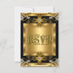 RSVP Verbintenis Elegant Goud Bloem Sieraden Zwart Kaartje
