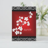 RSVP Verjaardag Aziatisch Rood Zwart Bloemen Zilve (Staand voorkant)