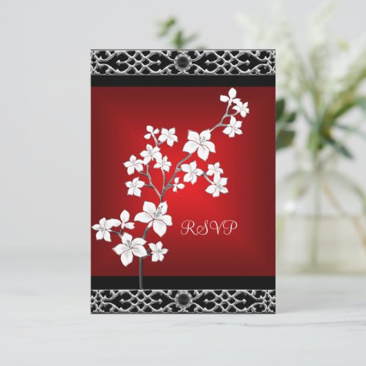 RSVP Verjaardag Aziatisch Rood Zwart Bloemen Zilve (Staand voorkant)
