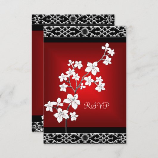 RSVP Verjaardag Aziatisch Rood Zwart Bloemen Zilve (Voorkant / Achterkant)