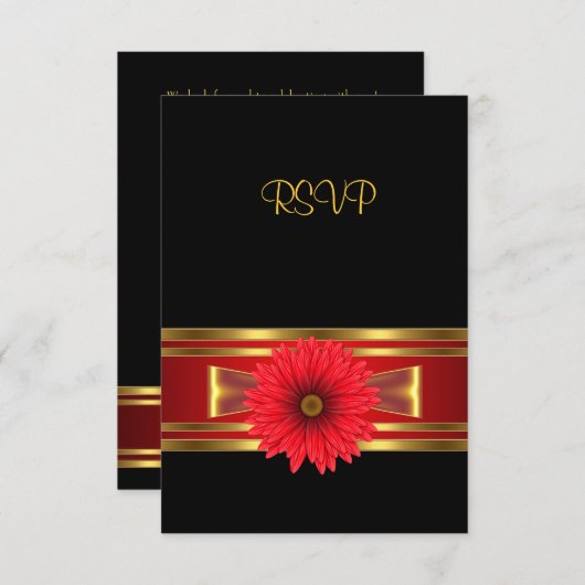 RSVP Verjaardag Zwarte Rode Bloem Goud Rode Boog (Voorkant / Achterkant)