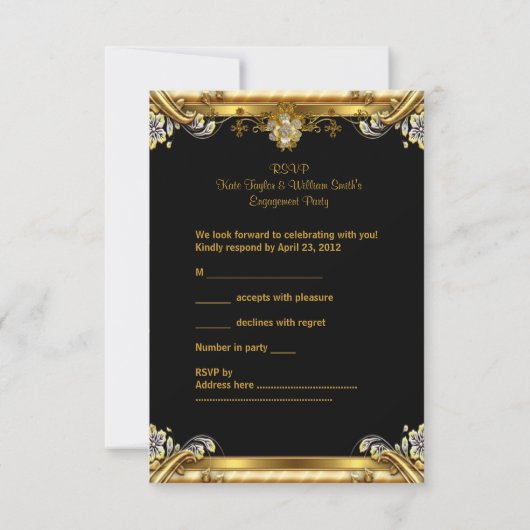 RSVP Verloving Elegant Gouden Bloemen Juweel Zwart (Achterkant)