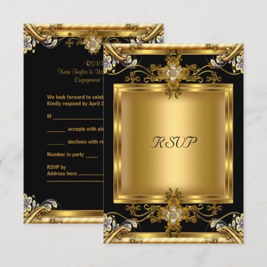 RSVP Verloving Elegant Gouden Bloemen Juweel Zwart (Voorkant / Achterkant)