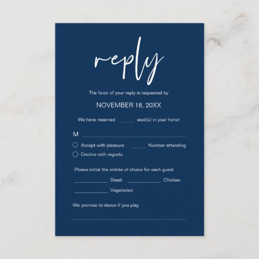 RSVP voor weddenschap, maaltijdopties, verzoek om  Informatiekaartje (Voorkant)
