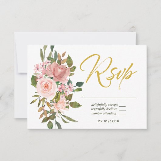 RSVP waterverf floral Blush Pink and Gold Wedding  (Voorkant)