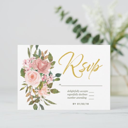 RSVP waterverf floral Blush Pink and Gold Wedding  (Staand voorkant)
