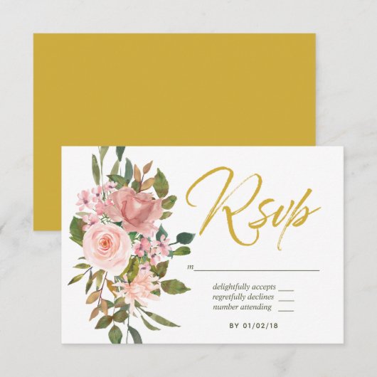 RSVP waterverf floral Blush Pink and Gold Wedding  (Voorkant / Achterkant)