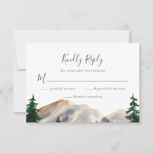 RSVP Waterverf Rustic Mountains Green Wedding (Voorkant)