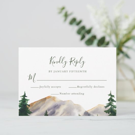 RSVP Waterverf Rustic Mountains Green Wedding (Staand voorkant)
