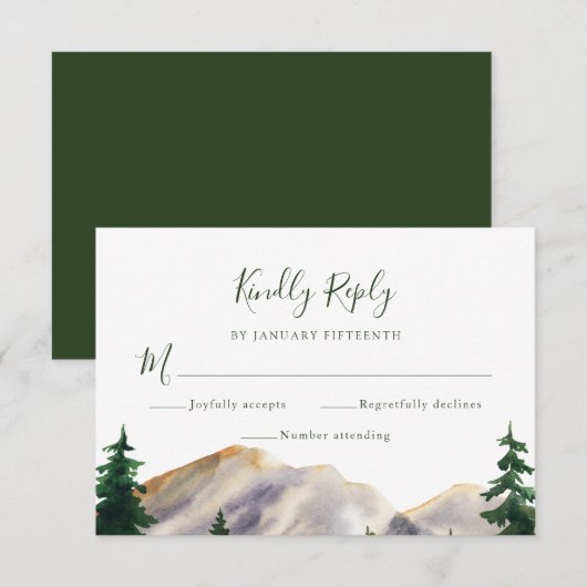 RSVP Waterverf Rustic Mountains Green Wedding (Voorkant / Achterkant)