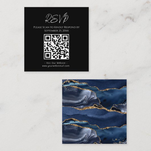 RSVP Website Blue Agate Gold Glitter Wedding Vierkante Visitekaartje (Voorkant / Achterkant)