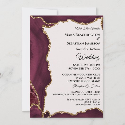*~* RSVP Website Maroon AGATE Gold AR13 Wedding Kaart (Voorkant)