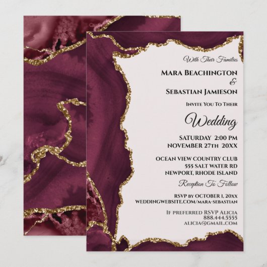 *~* RSVP Website Maroon AGATE Gold AR13 Wedding Kaart (Voorkant / Achterkant)