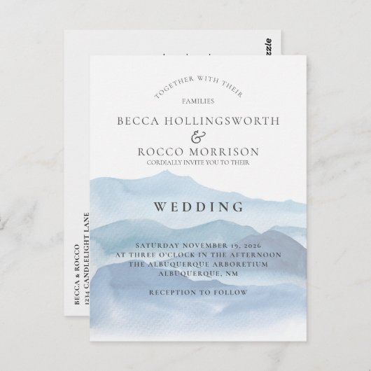 RSVP-website over blauwe Waterverf bruiloft Briefkaart (Voorkant / Achterkant)