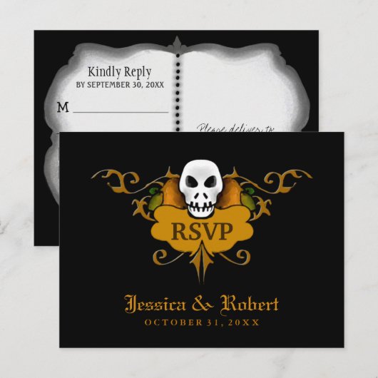 RSVP Wed Briefkaart - Halloween Skull Sinaasappel  (Voorkant / Achterkant)