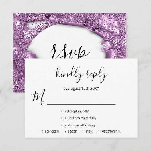 RSVP Weddenschap Glitter Bridal White Violet Paars Kaartje (Voorkant / Achterkant)