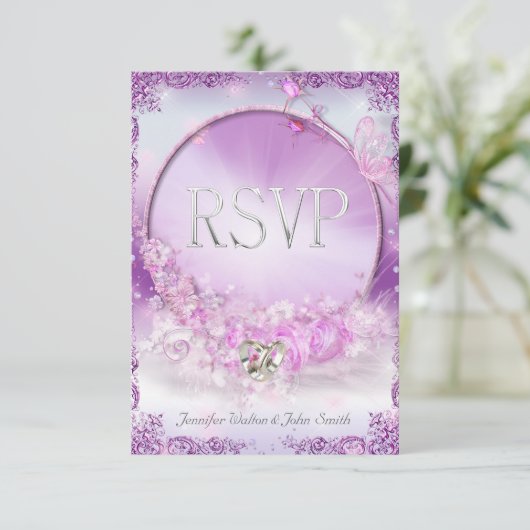 RSVP Weddenschap Roze Lila ringstoot Kaart (Staand voorkant)