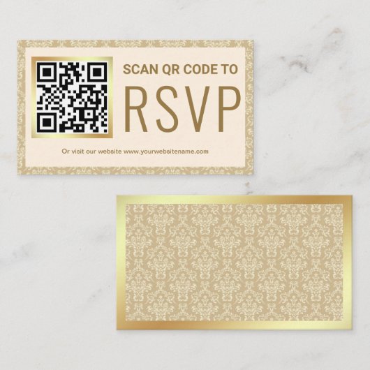 RSVP Weddenschap Website crème en Gold Damask QR C Informatiekaartje (Voorkant / Achterkant)