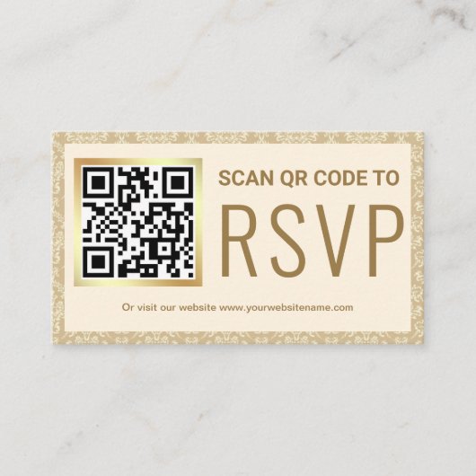 RSVP Weddenschap Website crème en Gold Damask QR C Informatiekaartje (Voorkant)