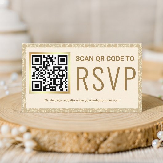 RSVP Weddenschap Website crème en Gold Damask QR C Informatiekaartje