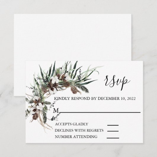 RSVP Weddenschap Winter Cotton Foliage Kerstmis Kaartje (Voorkant / Achterkant)