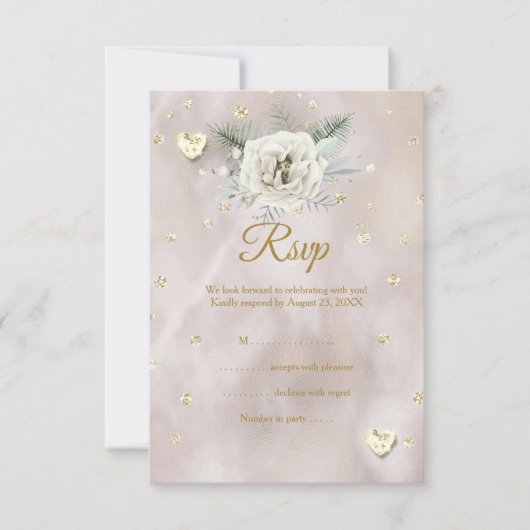 RSVP Wedding Beige Gold White Rose Hearts Glitter (Voorkant)