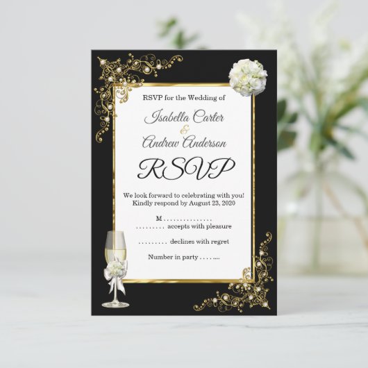 RSVP Wedding Black Champagne Gold Pearl Kaartje (Staand voorkant)