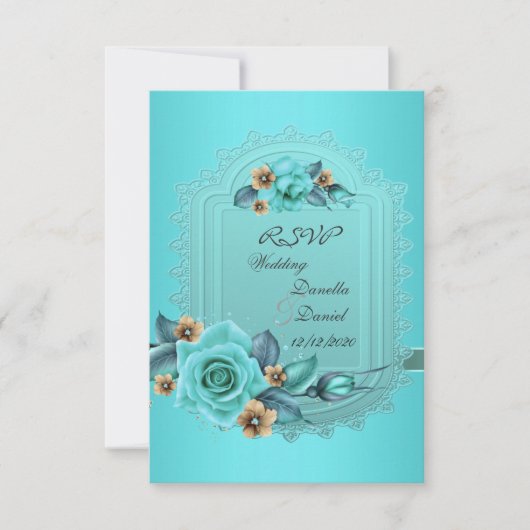 RSVP Wedding Blauwgroen Blue beige Rozen Flowers 2 Kaart (Voorkant)