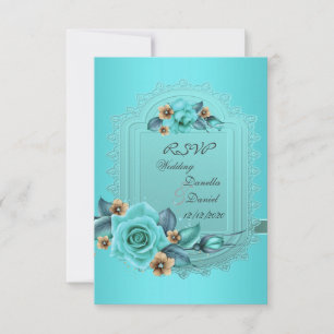 RSVP Wedding Blauwgroen Blue beige Rozen Flowers 2 Kaart